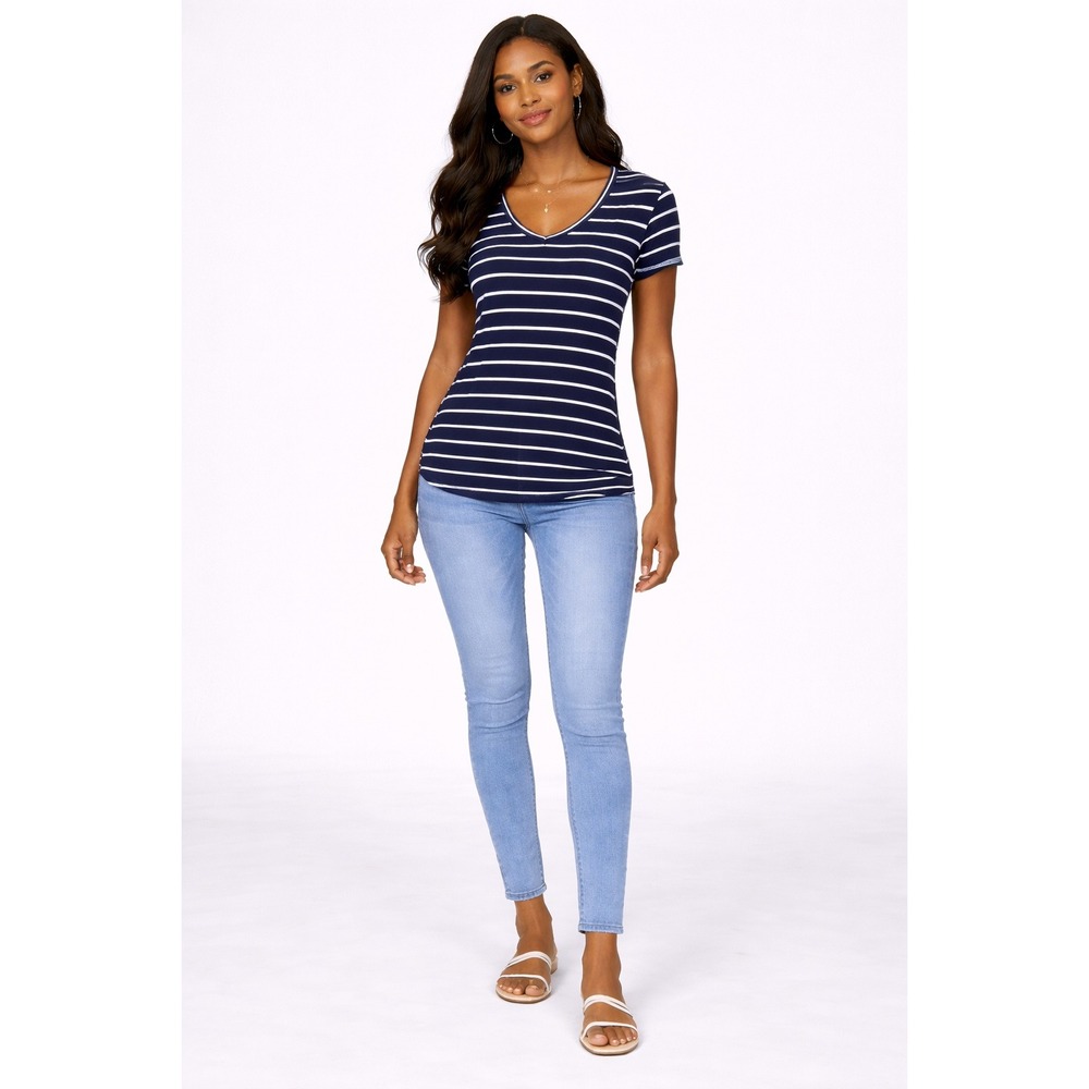One Clothing XL Navy White Striped V-Neck Short Sleeve Tee Shirt Nautical Casual